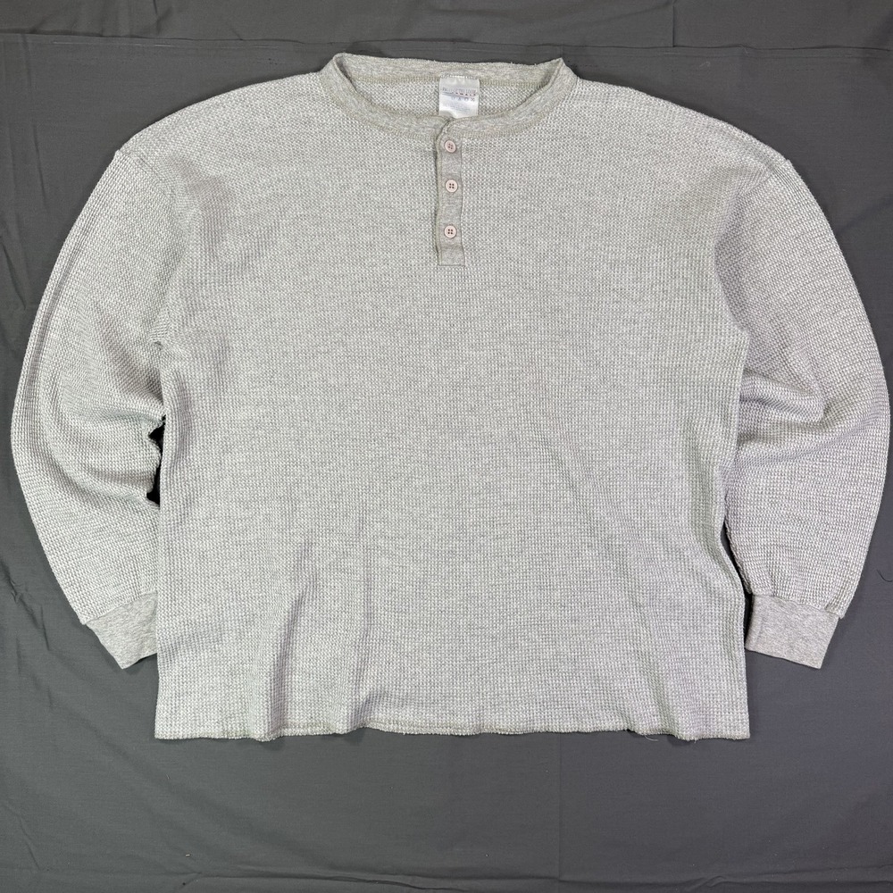 Vintage Fruit Of The Look Longsleeve Waffle Knit Thermal Henley 2XL Gray Classic